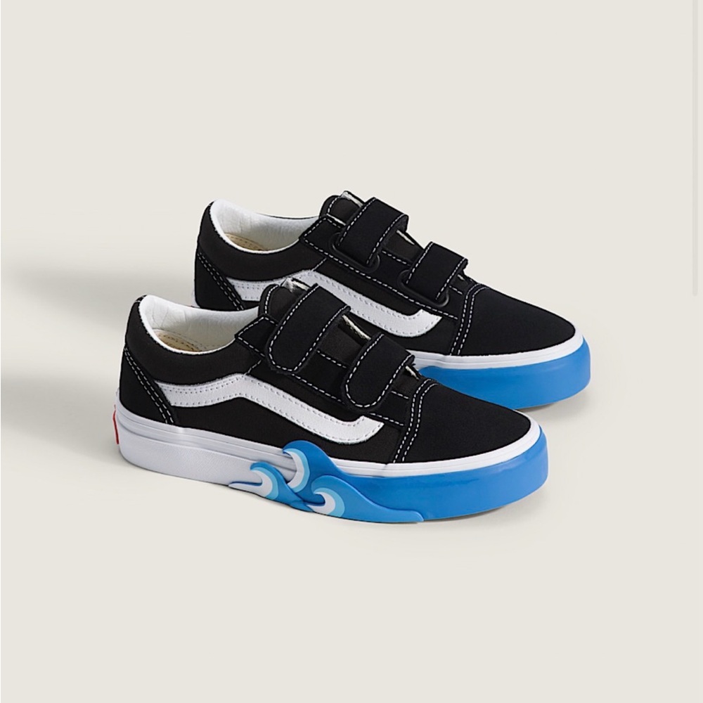 Vans Kids Black Canvas Velcro Sneakers with Blue Wave Sole
